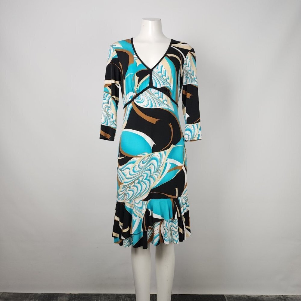 Frank Lyman Teal & Brown Ruffle Bottom Midi Dress Size 10